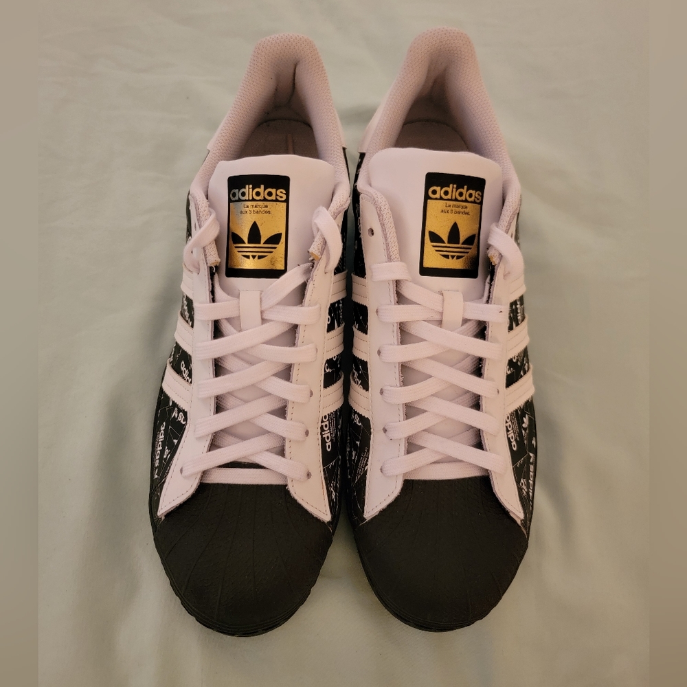 Adidas Superstar Sneakers Size 14 Black/White Label Collage pattern.